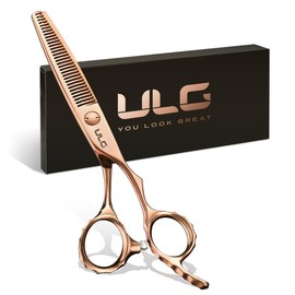ULG Professional V-Tooth Hair Thinning Scissors Luxury 18K Rose Gold Coated 6.5” Barber Scissors 440C Japanese Stainless Steel Hand-Honed Convex Blades Offset Handles Tension Adjustable, Right-Handed