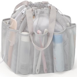 famichan Mesh Shower Caddy Portable with Drawstring, Dorm Room Essentials for College Students, Grey Shower Bag for Camping,Swimming,Gym,Travel,Bathroom