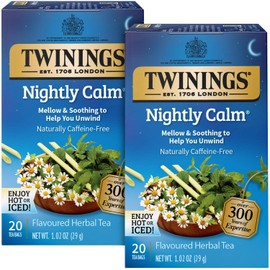 Twinings Nightly Calm Herbal Tea Bags 2-Pack – Sleep Tea, Bedtime with Calming Camomile, Spearmint and Lemongrass, Naturally Caffeine-Free, 20 Count Each