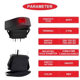 MKBKLLJY Pack of 2 Marine Rocker Switch 12 V Illuminated Rocker Switch Red LED Light Illuminated 3 Pin SPST 2Position On/Off Waterproof with Locked Terminals Wires for Boat UTV RZR ATV Car
