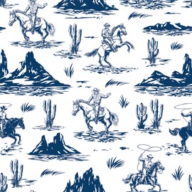 Stickyart Blue White Western Cowboy Peel and Stick Wallpaper 17.5"x276" Cowboy Horse Cactus Mountain Toile Wallpaper Removable Rustic Western Ranch Blue Wall Paper Self Adhesive for Accent Wall Drawer