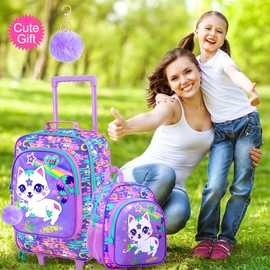 FTJCF 2Pcs Kids Suitcase for Girls, 18" Cat Carry on Luggage Set with Wheels, Cute Travel Rolling with 12" Toddler Backpack(Purple)