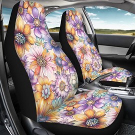 Bulopur Boho Car Seat Covers Set Purple Floral Auto Seat Covers Front Seats Anti-Slip Stretchy Carseat Cushions Protector Auto Interior Accessories for SUV Truck Vans Sedans