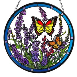 Stained Glass Window Hanging, 8'' Lavender Butterfly Suncatcher Stain Glass for Windows Hanging, Hand Painted Sun Catchers Indoor Window, Gift for Women, for Lavender Lovers