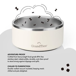 GrandTies Stainless Steel Dog Bowl | Engraved Reusable BPA-Free Insulated Cat Bowls | Large Heavy Duty Non Skid Spill Proof Dog Bowl (64oz, Ivory White)