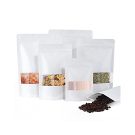 100 Pcs White Kraft Paper Bags with Window, 3.9" x 5.9" Stand Up Pouches Bags, Zip Lock Food Storage Bags for Packaging Products, Reusable, Sealable