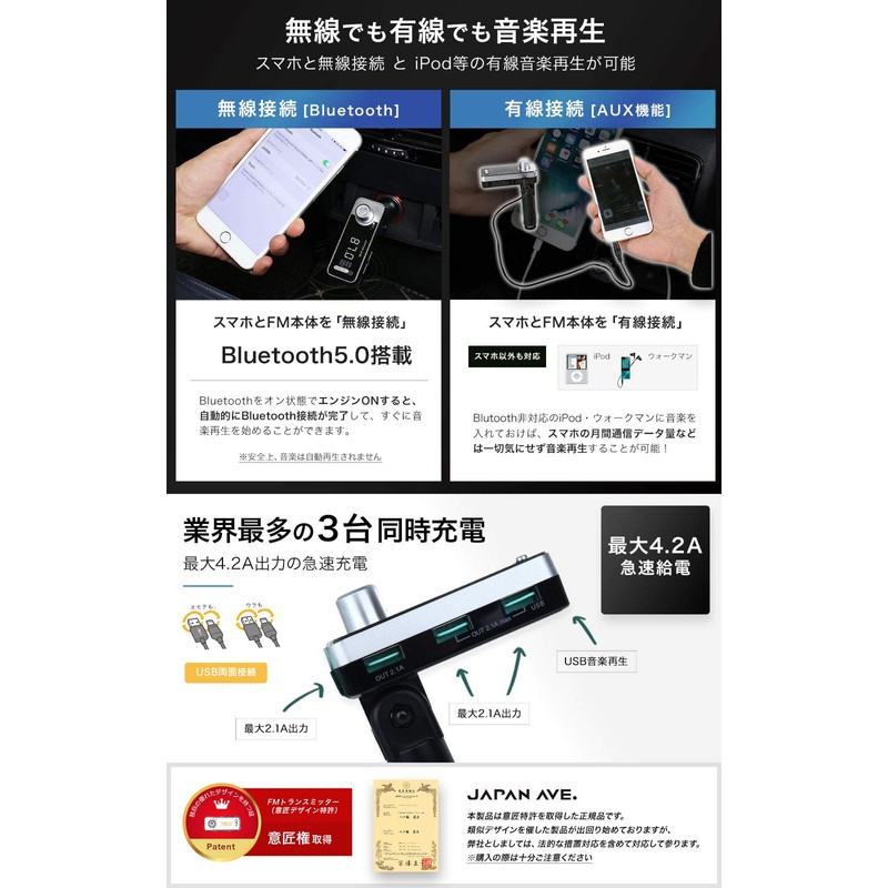 JAPAN AVE.® Bluetooth 4.2 FM Transmitter, High Sound Quality (with