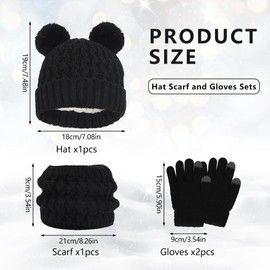 Bekecidi Kids Winter Warm Beanie Hat Scarf Gloves Set, Thermal Knitted Pom Pom Bobble Hat Scarf and Gloves Set Thick Fluffy Toddler Cap Neck Warmer Touch Screen Gloves for Girls Boys Age 2-8 (Black)