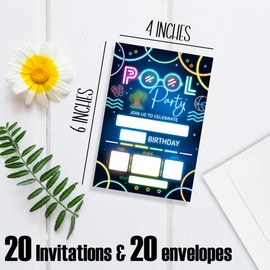 FRRCREU Pool Party Birthday Invitations, 20 Pcs Double Sided Neon Pool Theme Invites With Envelopes For Boys Girls Teens Birthday Celebration,Party Favor And Supplies - A01