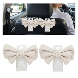 2 Pcs Car Seat Headrest Hooks Cute Bow Purse Hooks for Car, Vehicle Backseat Purse Hook Hanger Interior Decoration Accessories Space-Saving Headrest Hook for Purses, Bags, Umbrellas (White)