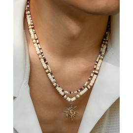 LANWLOSI Layered Puka Shell Necklaces for Men Wooden Beaded Coconut Shell Choker Summer Beach Surfer Necklaces Seashell Beach Vacation Essentials Seaside Jewelry Accessories