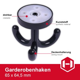 Gedotec Plastic Swivel Hooks, KITA - RAL 7016, Triple Hooks, Anthracite, Pack of 5, Undermount Coat Hooks, Hooks for Ceiling Wardrobe Nursery | Rotating Hook for Screwing