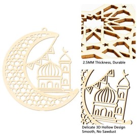 7PCS Ramadan Kareem Wooden Hanging Ornament with Ropes, 3D Hollow Moon Star Wind Light Pendant Decoration, Eid Mubarak Ramadan Crafts for Islamic Muslim DIY Party Home Decoration
