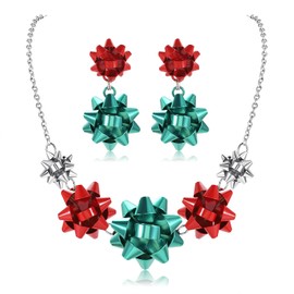 JERTOCLE Christmas Necklaces Earrings Set For Women Statement Xmas Gift Bow Collar Necklace Drop Dangle Earrings Set Holiday Jewelry Gift (gold red silver)