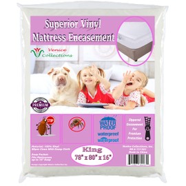 Superior Extra Heavy 8 Gauge Vinyl Mattress Protector Zippered Encasement Cover 100% Waterproof King Size White