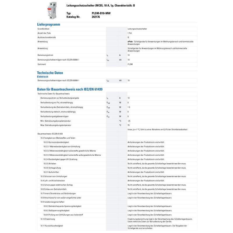 Eaton Circuit Breaker 10A 1p B-Characteristics PLSM-B10-MW 242176 (ALT 244704)