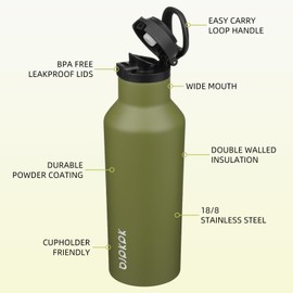 BJPKPK Insulated Water Bottle With Straw 17oz Stainless Steel Water Bottles With 2 Lids And Carry Handle Reusable Travel Metal Thermos,Olive Green