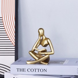 Gold Reading Woman Figurine, Abstract Thinker Statue, Modern Aesthetic Sculpture, Gold Sculpture Decor for Bookshelf, Office, Living Room, Bedroom, Desk, Coffee Table, Resin Statue for Home Decor