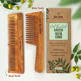 Nat Habit - Kacchi Neem Wooden Comb - Soaked In 17 Herbs Neem & Sesame Oil For Multi-Actions - Detangling, Frizz Control & Shine (Dual Tooth & Wide Tooth) Combo Pack of 2
