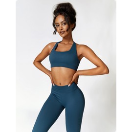ABOCIW Womens Seamless Workout Sets V Back Scrunch Lifting High Waist Leggings Cross Back Strappy Sports Bra 2 Piece Matching Yoga Gym Sets Y-Navy Blue Small