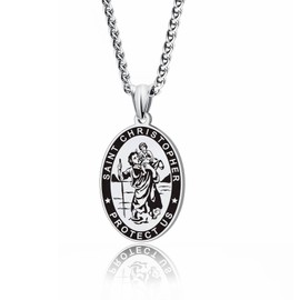 LAOYOU St. Christopher Medal Men's Women's Saint Christopher Necklace For Men Women Car Stainless Steel Pendant Catholic Patron Saint of Travellers Amulet Protection Jewelry Gifts Silver Oval