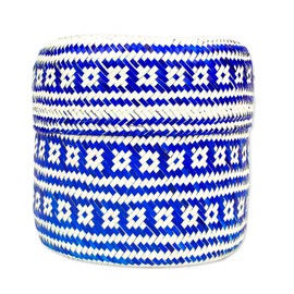 NOVICA Artisan Handmade Palm Leaf Basket Blue for Decorative Storage from Mexico Natural Fiber Accessories Floral Geometric [6in H x 5in Diam.] 'Woven Blue'