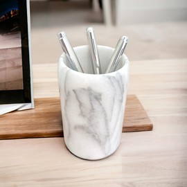 Hapton House White Natural Marble Pen Holder - Pencil Holder - Makeup Brush Holder - Toothbrush Holder - Office and Bathroom Organizer - Home Décor