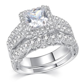 AVECON 5CT Princess Cut Engagement Ring, Promise Wedding Cubic Zirconia White Gold Plated Band Set for Women, Size 7