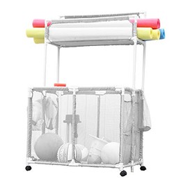 Essentially Yours Pool Storage Equipment Organizer Holder - Noodles, Toys, Balls and Floats Mesh Rolling Double Decker Bin, 37" L x 24" W x 55" H, XXL, White, Style 561935