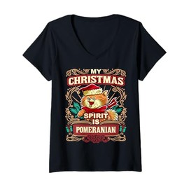 Womens Pomeranian My Christmas Spirit Dog Santa Claus Elf Reindeer V-Neck T-Shirt