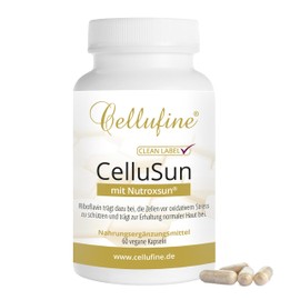 Cellufine® CelluSun with Nutroxsun® - 60 Vegan Capsules Optimised with Skin-friendly Riboflavin, Nutroxsun® and Aloe Vera, Allergy-Free, Gluten-Free, Lactose-Free, Vegan without Additives