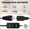 Muelnmey Extension Cord with Switch On/Off 3 Prong,1625W 18AWG Black
