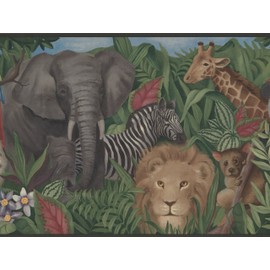 Elephant Lion Giraffe Zebra Panda Tiger in Forest Wallpaper Border Realistic Design, Roll 15' x 10.25''