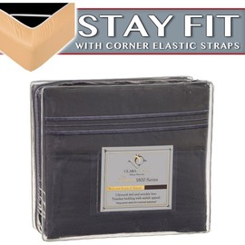 Clara Clark 1800 Series Bed Sheet Sets - Stay fit on Mattress with Elastic Straps at Corners - Cal King Size, Charcoal Stone Gray