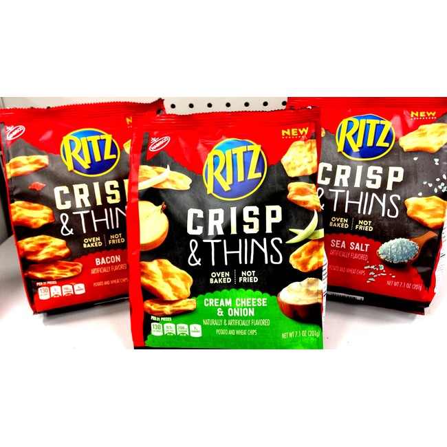 Ritz CRISP & THINS, Variety 3-PACK + FREE Set of Bag Clips, 1 bag each of SEA SALT, CREAM CHEESE & ONION, BACON.