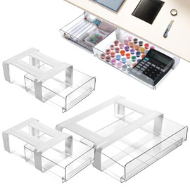 COMNICO 3 Pcs Under Desk Drawer Organizer, Table Hidden Slide Out Desk Drawers Clear Mounted Desktop Pencil Holder 2 Sizes Drawer Divider for Home Office Kitchen Bedroom
