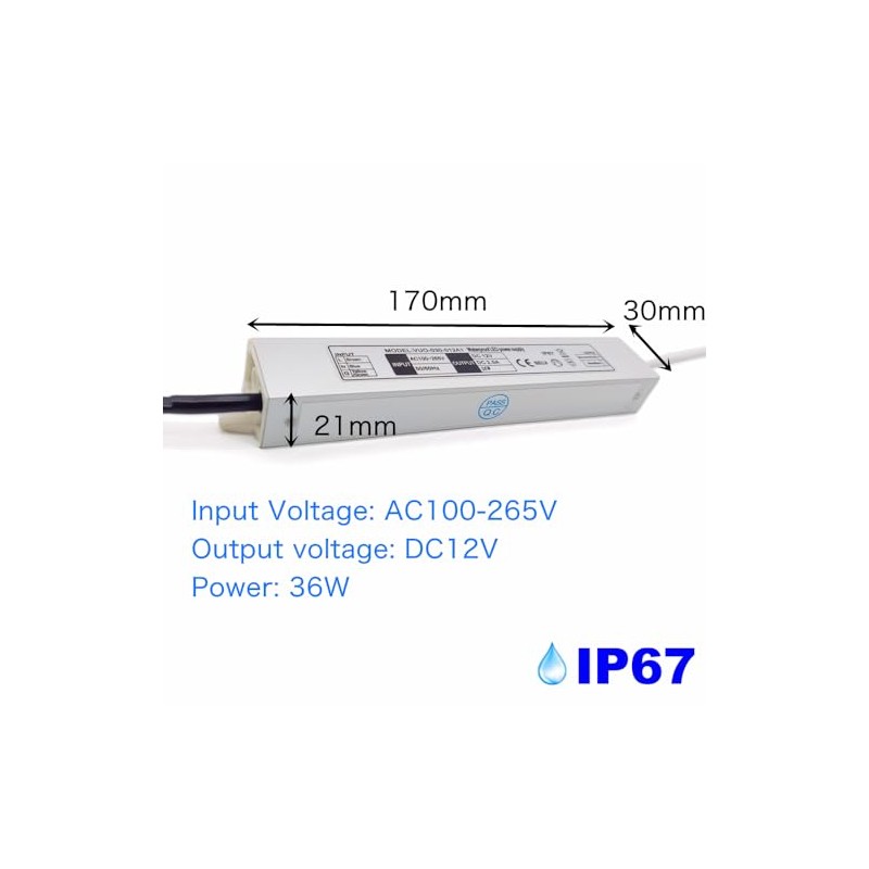 LIDESENMO Waterproof IP67 12V 3A Power Supply 36W AC DC