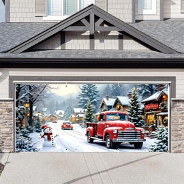 Eleouto Christmas Garage Door Cover Decorations 7x16ft Winter Truck Snowman Village Snow Backdrop Large Merry Xmas Banner Mural Background Holiday Outdoor Decor