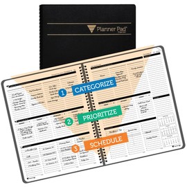 Planner Pad Spiral Bound 3-Tier Funnel Down 12 Month Organizer, October 2025 – September 2026, Black Cover/Black Ink, 8 1/2" x 11"