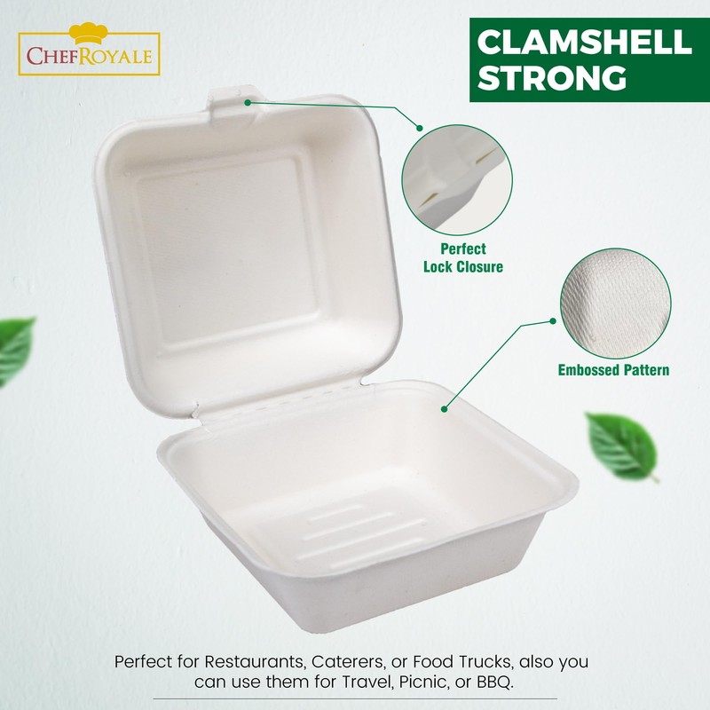 CHEF ROYALE 6" Inches Bagasse Burger Box. Disposable White Bagasse