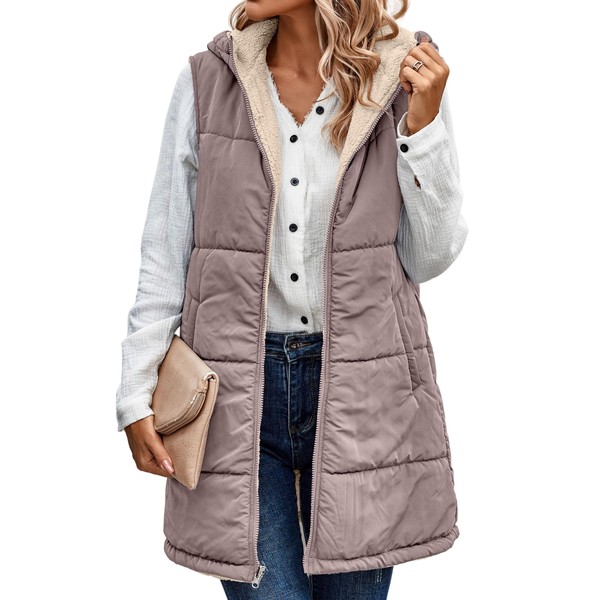 ECOWISH Women Long Puffer Vest: Fall Zipper Reversible Fleece Jacket