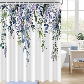 Nuseiis Blue Purple Eucalyptus Leaves Shower Curtains 72x72 inch, Waterproof Fabric Decorative Floral Bathroom Shower Curtain with 12 Hooks
