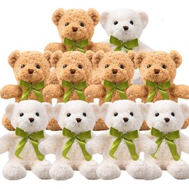 MSYU 10 Pcs Small Teddy Bears with Detachable Bows, 10 Inch Plush Stuffed Teddy Bear Toys Plush Stuffed Animal in 2 Colors for Baby Shower, Birthday Gift, Animal Party Supplies (Khaki, White)