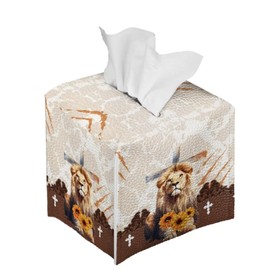 Baxinh Sunflower Print Tissue Box Cover Lion Printed Cube Square Facial Tissue Holder, PU Leather Tissue Box Holder Organizer Tissue Case Decor for Tabletop Kitchen Livingroom