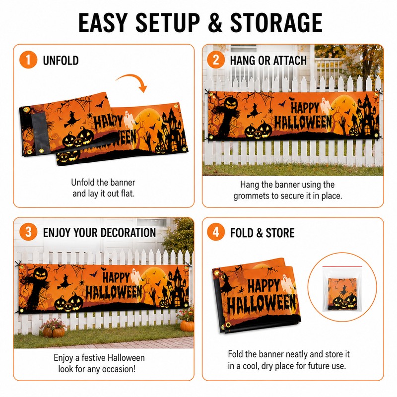 Happy Halloween Outdoor Banner – Pumpkin & Bat Polyester Backdrop