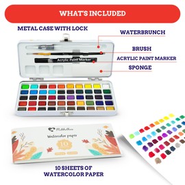 Mikkelhus Watercolour Paint Set 50 Colours in Portable Box Brush and Watercolour Paper Watercolour for Travel Watercolours for Artists and Hobby Painters