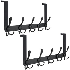 TICONN Over The Door Hooks, 5 Heavy Duty Tri Coat Rack All Metal Coat Hanger for Bathroom Bedroom Dorm (Matte Black, 2PK, Fit 1-3/4" Doors)