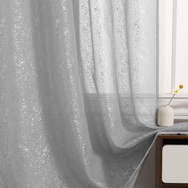 Kotile Silver Voile Curtains for Bedroom - Metallic Silver Sparkle