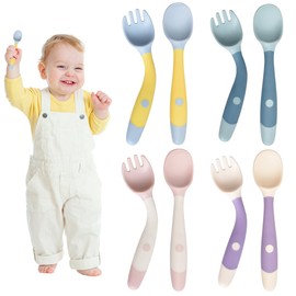 GGUFAY 8 Pieces Toddler Feeding Training Spoon and Fork Tableware, Learning to Eat Cutlery, Easy Grip, Heat-Resistant, Flexible Learning Spoon Forks, BPA-Free, Baby Learning Spoon (Green + Pink +