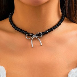 Pearl Bow Choker Necklace for Women White Black Pearl Beaded Necklace Dainty Cute Bow Knot Necklace Dance Party Jewelry Gift